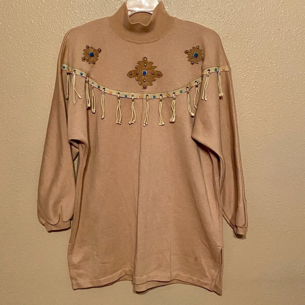 Vintage Adolfo Sport Southwest Fringe Tan Sweatshirt Beaded Women's Approx L
